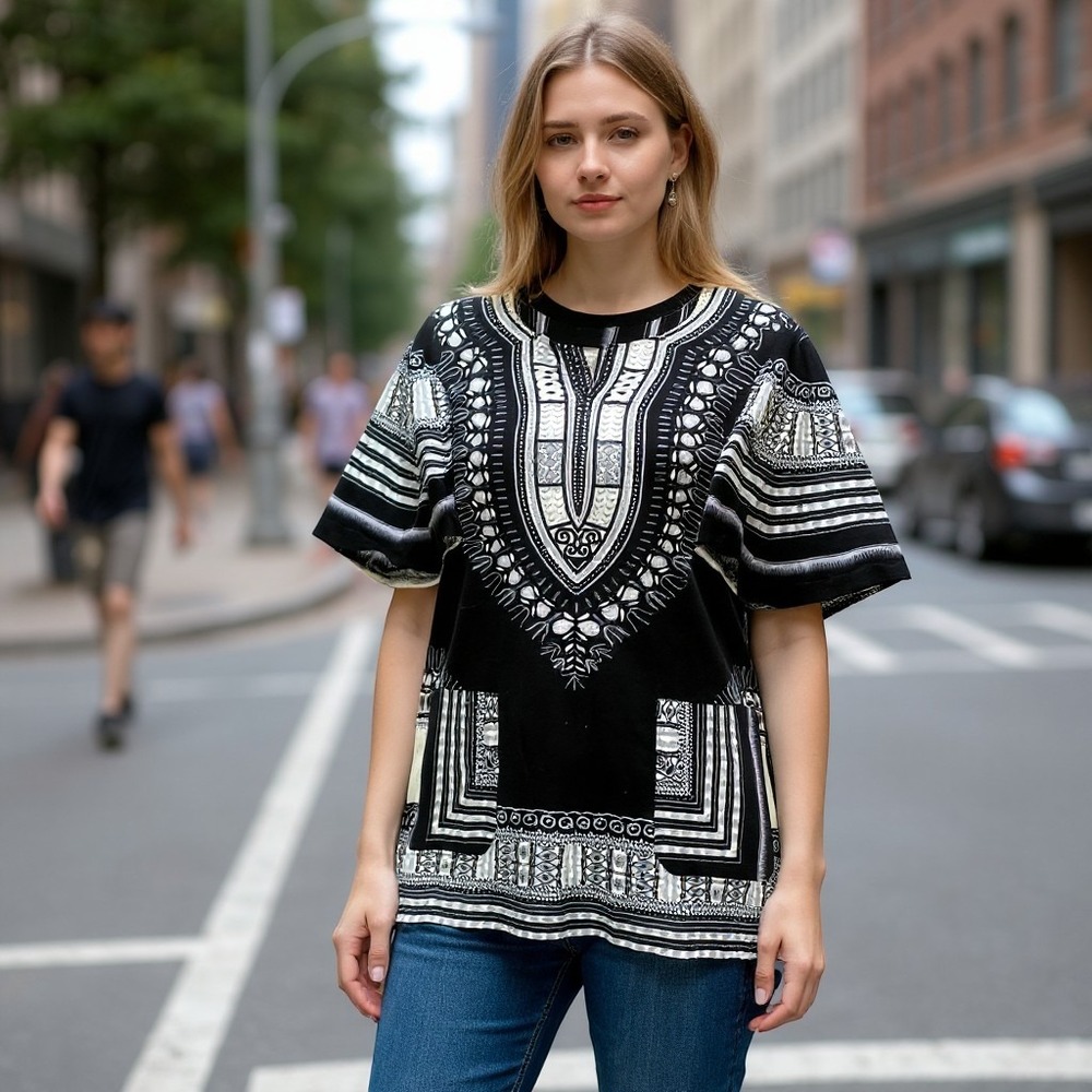 Traditional Black White Cotton Dashiki Tunic Shirt Short Sleeve Boho Tribal Top